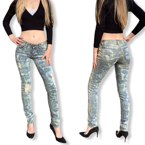 Y2K Low Rise Jeans Distressed Skinny Tie Dye Blue - Picture 1 of 8